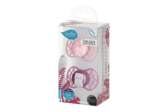 Пустушка Nuvita Air55 Explorer ортодонтична 0m+ заєць, ведмідь NV7066F, Рожевий