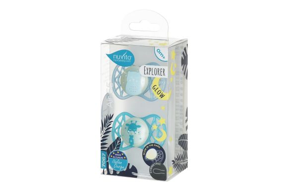 Пустышка Nuvita Air55 Explorer симметрическая 0m+ светящаяся в темноте мишка, жираф NV7067GM, Бирюзовый