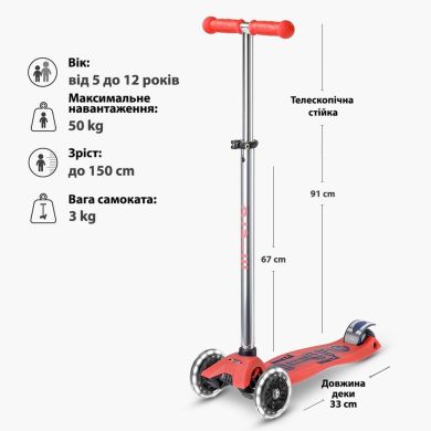 Самокат MICRO серії Maxi Deluxe Glow LED ЧЕРВОНА АУРА (до 50 kg, 3-х колісний, світло) MMD368