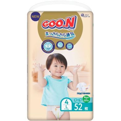 Подгузники Goo.N Premium Soft для детей 9-14 кг (Размер 4(L) на липучках унисекс 52 Шт) 863225 4902011862256