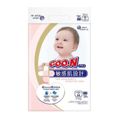 Підгузки GOO.N Plus для дітей 6-11 кг (розмір М, на липучках, унісекс, 56 шт) 21000628, M