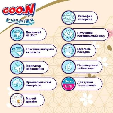 Підгузки GOO.N Premium Soft для дітей 3-6 кг (розмір 2(S), на липучках, унісекс, 70 шт) F1010101-153, S